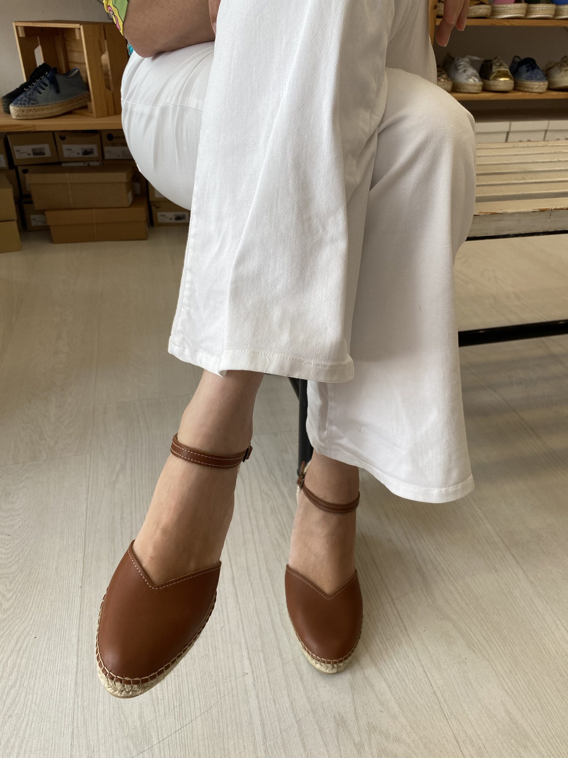 Rania Marbella handmade espadrilles with soft goat leather upper, ankle strap, and 5-cord natural jute sole.