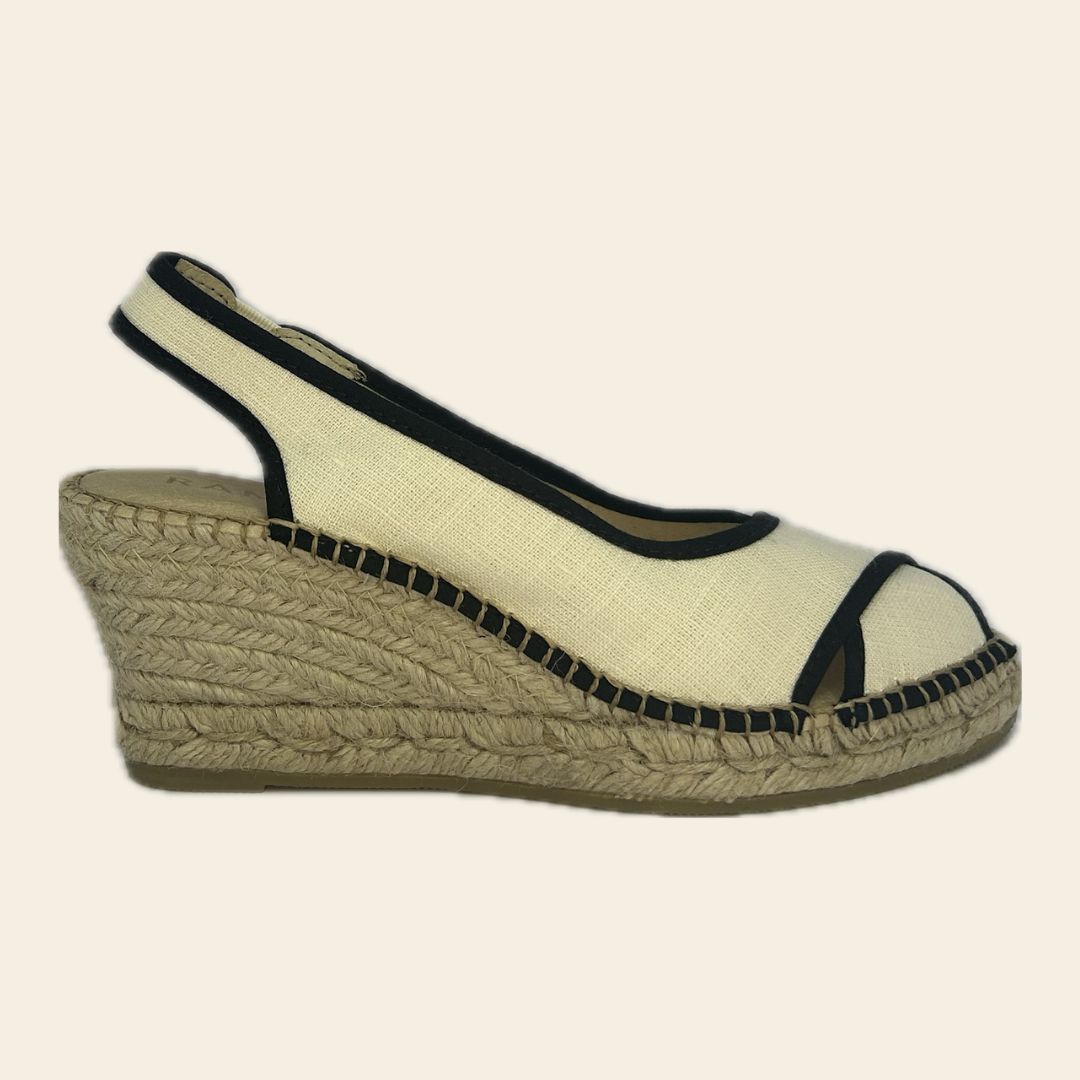 Daniela White & Black handmade espadrilles with 5-cord natural jute soles and hand-stitched black-and-white canvas upper.